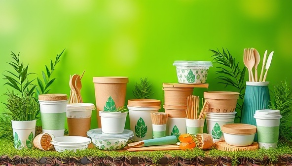 A colorful and eye-catching display of various biodegradable packaging products, including containers, utensils, and straws, arranged in an eco-friendly setting with green plants and natural elements, conveying a message of sustainability and innovation in packaging solutions.