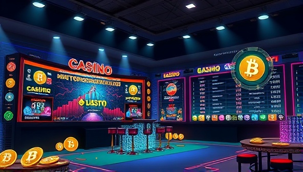 An artistic representation of a digital casino and sportsbook integrated with vibrant cryptocurrency logos and symbols, showcasing a seamless fusion of traditional gambling elements with the world of cryptocurrencies, appealing to tech-savvy users and crypto enthusiasts alike.
