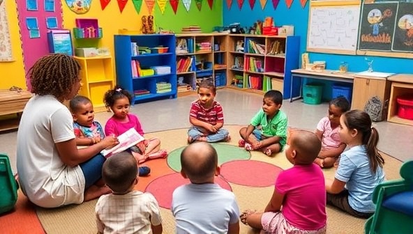A colorful and vibrant workshop setting with children sitting in a circle, listening attentively to a storyteller holding a book and using props to enhance the storytelling experience, showcasing creativity and engagement in a playful environment.