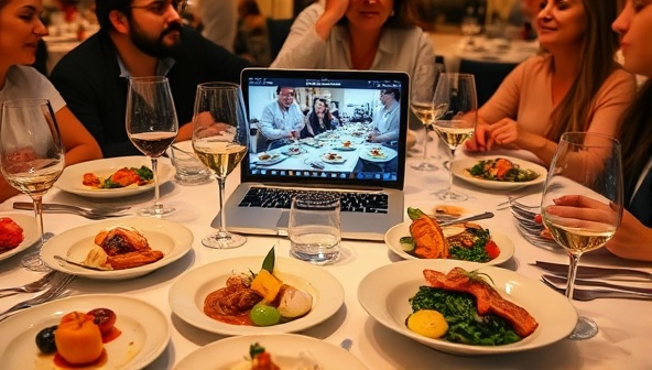 An elegant virtual dining setup with a selection of gourmet dishes, wine glasses, a laptop displaying a live pairing event, and participants engaging in lively discussions, evoking a sense of sophistication and culinary exploration in a virtual setting.