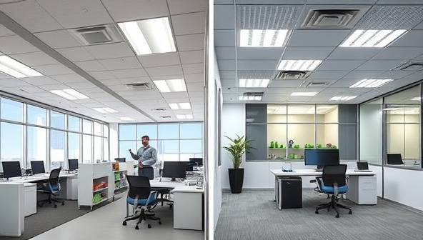 An office space comparison showing traditional lighting fixtures versus energy-efficient LED lighting, with BrightSavings Consultants conducting a lighting audit and presenting a modern, well-lit environment after the retrofit, emphasizing energy savings and improved lighting quality, symbolizing sustainable and bright spaces.
