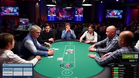 A dynamic scene of a live poker table with players interacting in real-time on a streaming platform, with audience engagement features like chat, bets, and challenges displayed on the screen, capturing the excitement and social aspect of interactive live poker streaming.