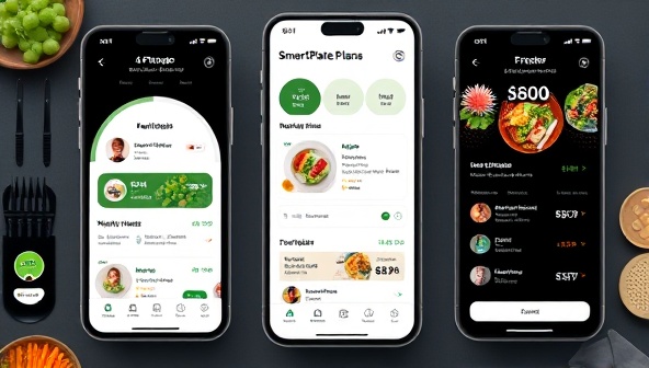 A sleek and modern app interface mockup of SmartPlate Planner showcasing personalized meal plans, nutritional information, and user feedback, with vibrant food images and intuitive navigation features, conveying efficiency, customization, and health-consciousness.