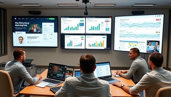 A virtual meeting space with digital marketing professionals engaged in a lively discussion, sharing screens with marketing dashboards, analytics reports, and creative ad campaigns, showcasing a dynamic and collaborative environment within the Magnetize Marketing mastermind groups.