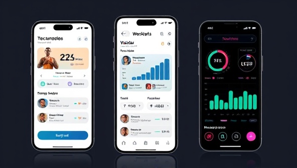 An interactive mobile app interface displaying personalized workout recommendations based on user data, with AI-generated progress charts and fitness insights, illustrating the app's advanced capabilities and user-friendly design.