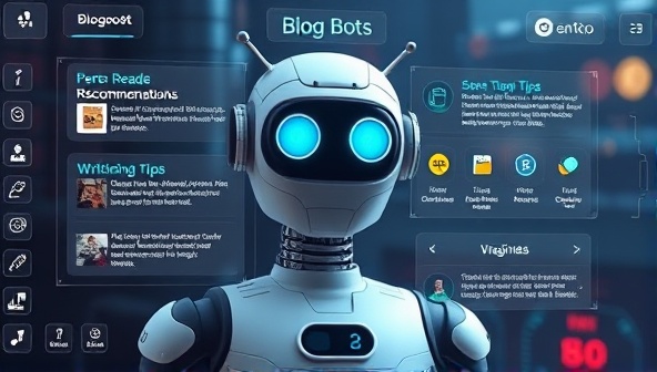 An imaginative visual of a futuristic AI BlogBot interface displaying personalized reading recommendations, writing tips, and interactive storytelling elements, illustrating the seamless integration of AI technology and user-centric content creation in a visually engaging and dynamic blog platform.