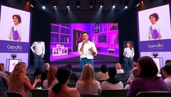 An online event stage setup featuring a virtual audience interacting with a digital influencer onscreen, with branded products displayed in the background, creating a dynamic and immersive virtual event experience for viewers.