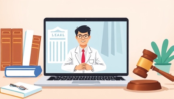 An illustration of a virtual legal consultation session, showing a lawyer and a client having a video call on a laptop screen, with legal books and a gavel in the background, conveying professionalism and legal expertise.