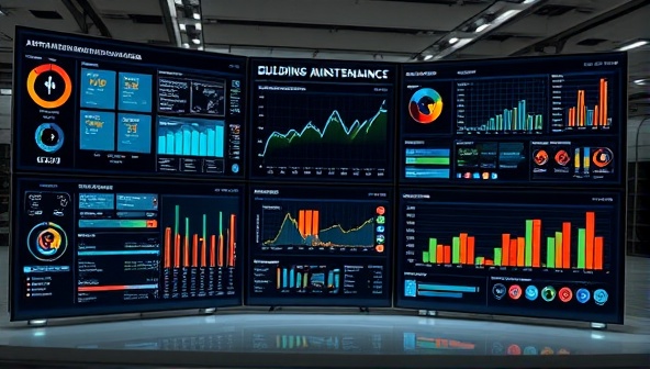 An advanced digital control center displaying real-time building maintenance data and analytics, with IoT sensors monitoring various building systems, maintenance schedules, and energy efficiency metrics, illustrating the sophistication and effectiveness of MaintainTech Solutions' smart building maintenance platform.