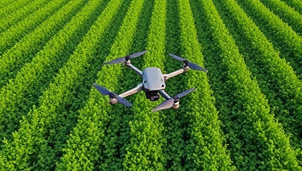 An aerial view of a lush green farm captured by a drone, showcasing the precision and detail of aerial imaging technology used by SkyHarvest Solutions for crop monitoring and agricultural analysis, highlighting the efficiency and innovation of drone services in agriculture.