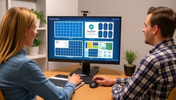 A virtual solar panel design consultation setup with a consultant showcasing solar panel layouts and designs on a digital screen, engaging with a client in a collaborative and informative session, emphasizing the expertise and convenience of SunDesign Pro's services.