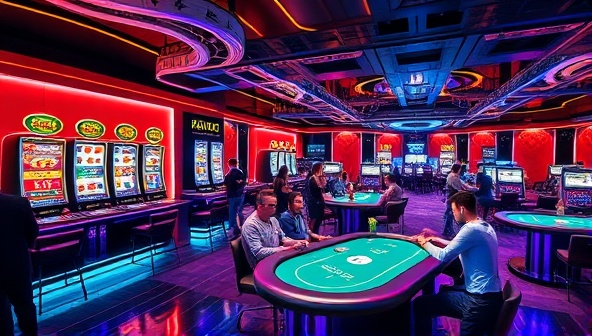 An immersive virtual reality scene of a futuristic casino lounge with digital slot machines, virtual poker tables, and animated avatars of players interacting and playing games, creating a dynamic and engaging atmosphere.
