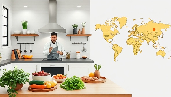 A digital kitchen setup with a chef conducting a virtual cooking class, participants following along from their own kitchens, ingredients beautifully displayed, and a world map showcasing culinary destinations, capturing the immersive and delectable experience of TasteTraverse Market.