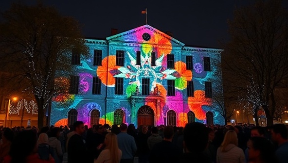 An outdoor nighttime scene with a building facade illuminated by a mesmerizing projection mapping show, transforming the architecture into a colorful and immersive experience, drawing in a crowd of spectators in awe.