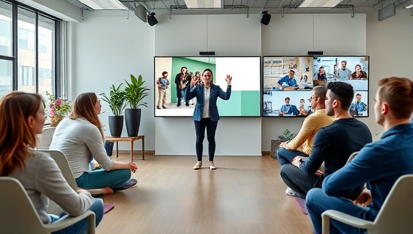 A virtual corporate wellness workshop scene featuring a wellness coach leading a group of employees through a virtual fitness session, with a diverse group of professionals participating enthusiastically, virtual team-building activities visible on screens, and a positive and energizing atmosphere promoting employee health and well-being in a remote work setting.