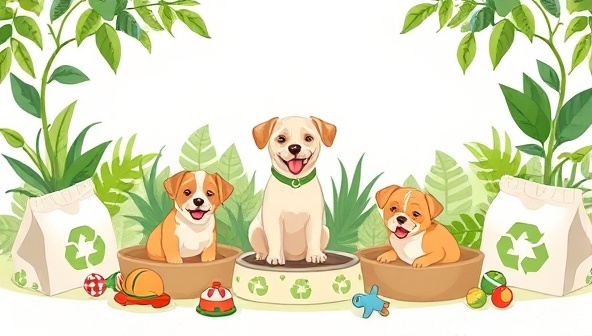 A charming illustration featuring happy pets surrounded by eco-friendly toys, bowls, and bedding, set against a backdrop of lush greenery and recyclable packaging, promoting a sustainable and pet-friendly lifestyle.