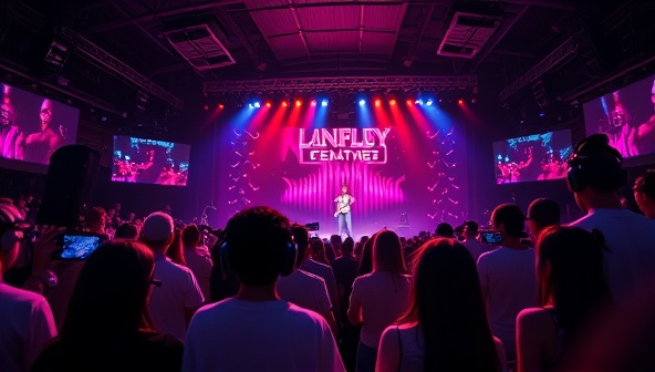 An immersive VR concert setting with a crowd of virtual avatars enjoying a live performance on stage, surrounded by vibrant visuals and dynamic lighting effects, capturing the essence of a live music event in a virtual world.