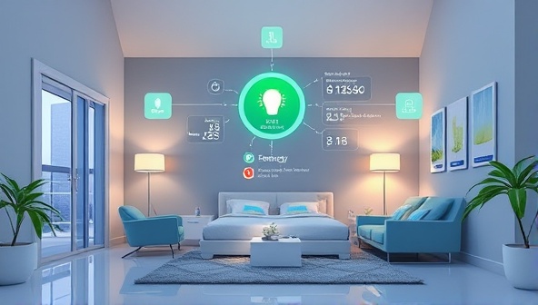 An illustration of a modern home interior with smart devices connected to a central energy management hub, displaying real-time energy consumption data and suggesting optimizations, portraying a futuristic and eco-conscious lifestyle.