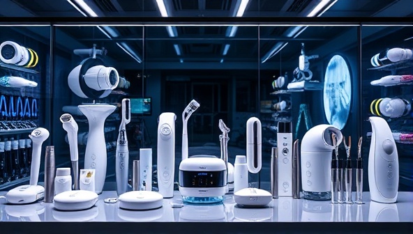 A sleek and modern display of various beauty tech gadgets neatly arranged in a high-tech environment, showcasing innovative devices, tools, and gadgets for skincare, hair care, and wellness, creating a futuristic and tech-savvy beauty experience.