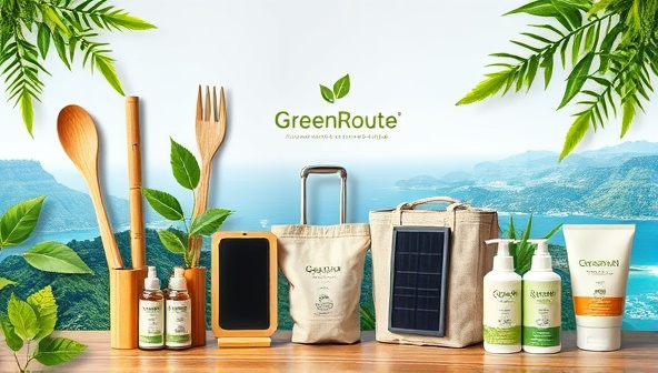 An artistic collage of eco-friendly travel elements, including bamboo travel utensils, reusable tote bags, solar-powered chargers, and biodegradable toiletries, arranged against a backdrop of lush green landscapes and clean oceans, symbolizing the essence of responsible and sustainable travel promoted by GreenRoute.