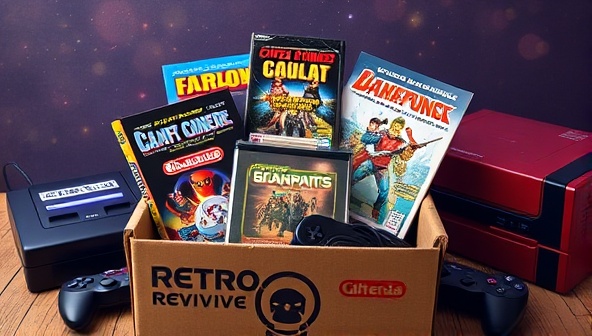 A captivating visual representation of a retro-themed subscription box filled with classic video game cartridges, vintage consoles, gaming magazines, and nostalgic memorabilia, creating a sense of excitement and anticipation for retro gaming enthusiasts unboxing their RetroRevive Box treasures.