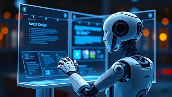 An artistic rendering of a futuristic robot designing a website on a holographic screen, symbolizing the fusion of AI technology and creativity in web design.