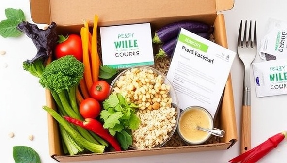 A visually appealing image of a colorful and neatly arranged plant-based meal kit box filled with fresh vegetables, grains, and sauces, accompanied by a recipe card and cooking utensils, conveying convenience and wholesome cooking.