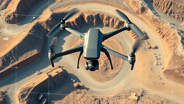 Aerial drone image of a mining site with detailed surveying overlays, highlighting the precision and efficiency of drone technology in capturing mining site data for analysis and planning.