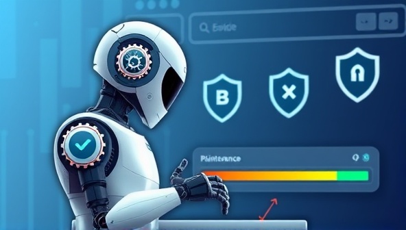 An abstract representation of a digital AI robot conducting maintenance tasks on a website interface, with gears symbolizing optimization, shields representing security, and a progress bar showing improvements, visualizing the seamless automation and efficiency of the service.