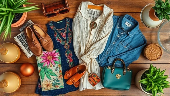 An artistic flat lay of vintage clothing items, retro accessories, and eclectic home decor pieces arranged on a wooden table, capturing the essence of thrifted treasures and sustainable fashion choices.