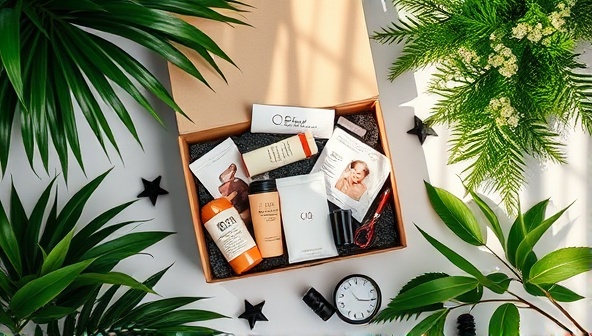 An artistic flat lay arrangement featuring a chic subscription box filled with trendy items, surrounded by lush greenery and soft lighting to evoke a sense of luxury and exclusivity.