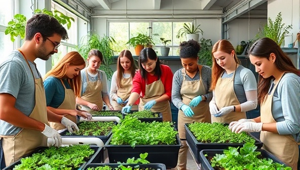 A group of diverse workshop participants wearing aprons and gloves, enthusiastically working on their aquaponic systems under the guidance of an expert instructor in a bright and airy workshop space filled with greenery.
