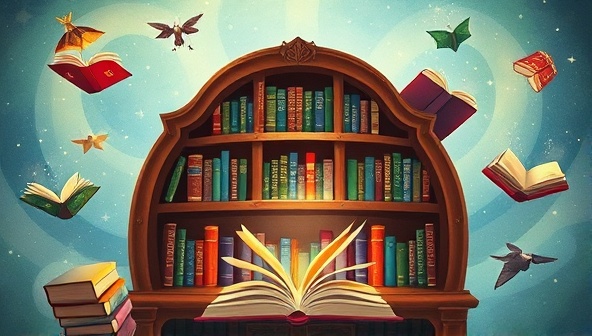 An artistic illustration of a magical bookshelf with personalized storybooks floating around, each representing a different genre or theme, capturing the essence of personalized storytelling and imagination.