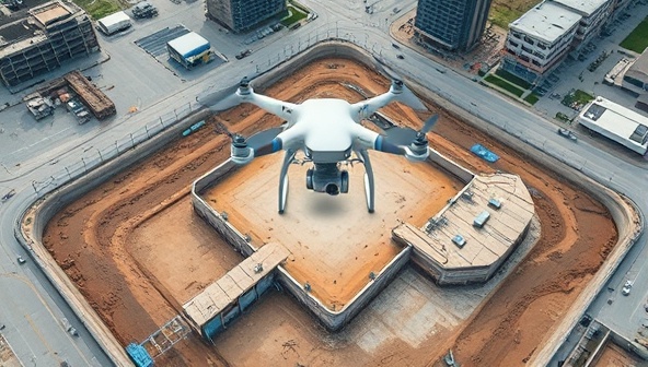 Aerial view of a construction site captured by a drone, showing detailed topographic mapping, 3D modeling of the site, and real-time data collection, highlighting the precision and technological sophistication of architectural drone survey services.