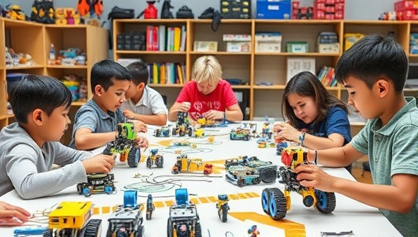 A dynamic robotics workshop setting with children building and programming robots, engaging in tech challenges, and collaborating on creative projects, surrounded by colorful robotics kits and coding tools, fostering a fun and educational environment for young learners in technology and innovation.