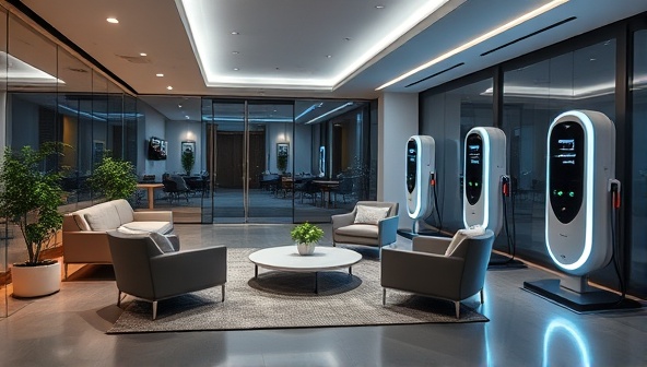 A sleek and modern lounge area with comfortable seating, ambient lighting, and futuristic electric vehicle charging stations, creating a welcoming and tech-forward atmosphere for customers.
