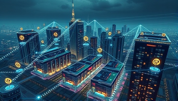 A futuristic cityscape with interconnected energy grids and renewable energy sources, data streams flowing between buildings, and a central control room monitoring grid performance, symbolizing efficient energy distribution and sustainability in urban environments.