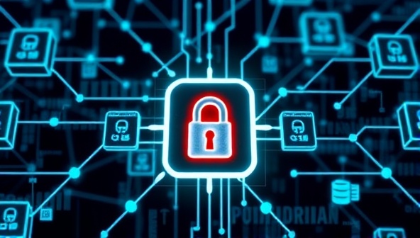 An interconnected network of secure blockchain data blocks representing encrypted electronic health records, with a digital lock symbolizing data security and privacy protection, illustrating the benefits of MediChain Secure's EHR management platform.
