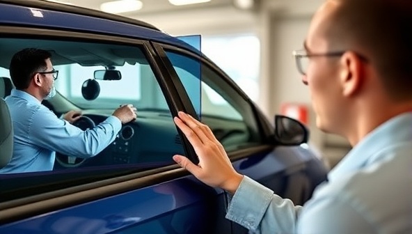 A split-screen image showing a virtual vehicle inspection session in progress, with an inspector pointing out details on a car via video call, and the customer closely examining the screen with a look of satisfaction, highlighting the convenience and accuracy of the service.