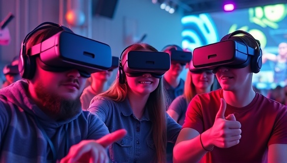 An exciting image of a group of people wearing VR headsets and engaging in an intense virtual reality game, surrounded by futuristic VR equipment and colorful visuals, capturing the essence of immersive gaming experiences.