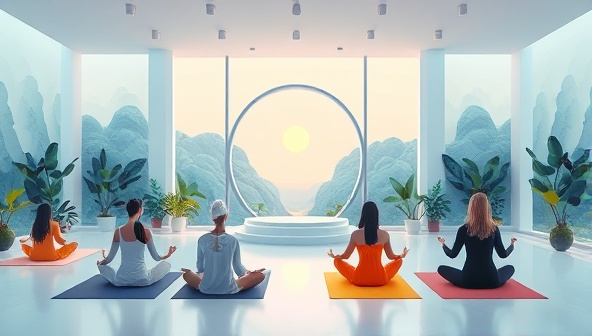 A serene digital illustration of a virtual wellness retreat space with calming nature sounds, soothing colors, and diverse individuals practicing yoga and meditation, symbolizing relaxation, mindfulness, and holistic well-being in a virtual setting.