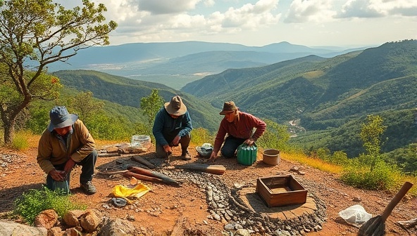 An inspiring image of artisanal miners working collaboratively in a picturesque landscape, with tools and equipment provided by the Artisanal Gold Initiative, symbolizing empowerment and sustainable mining practices.
