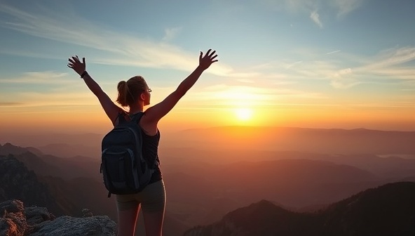 An empowering image of a solo female traveler overlooking a majestic sunset on a remote mountaintop, exuding confidence and freedom in her exploration with SheVenture Wanderlust.