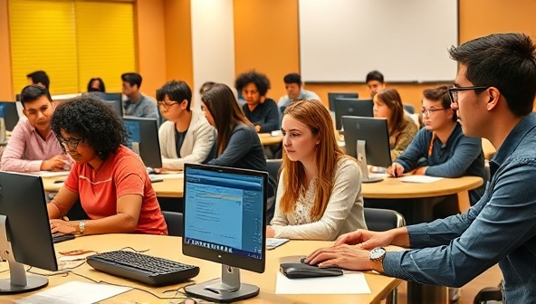 An inclusive and diverse training environment showcasing individuals with various abilities engaging in web design training sessions, with accessible technology tools, braille keyboards, and sign language interpreters, emphasizing the importance of accessibility in web design education.