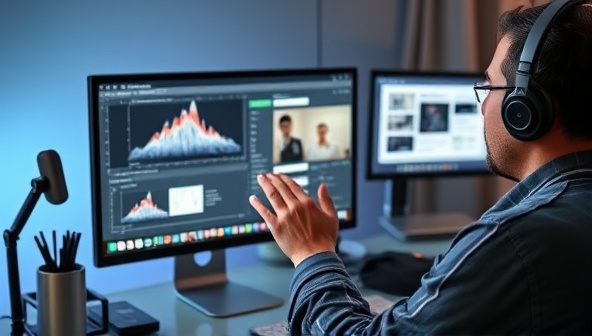 An individual interacting with a computer screen, using voice commands to design elements on a website with virtual assistants and design tools in the background, illustrating the seamless and innovative nature of VoxDesign Assist in web design automation.