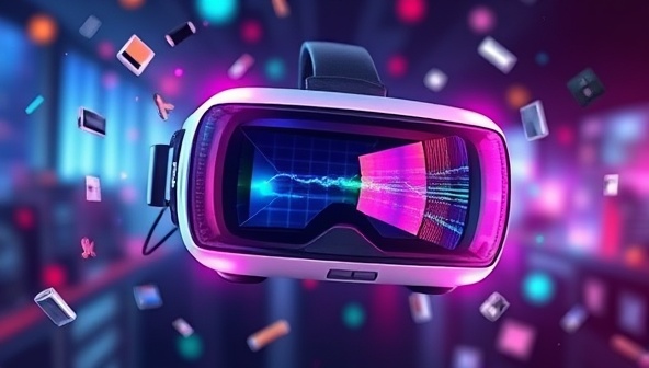 A futuristic VR headset displaying a vibrant and interactive web design environment, with digital tools floating around, illustrating the immersive and creative nature of VR Web Impressions.