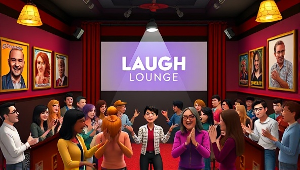 A digital comedy club setting with a stage, spotlight, and a diverse group of virtual avatars laughing and clapping, surrounded by virtual comedy posters and decorations, capturing the vibrant and humorous atmosphere of LaughLounge's online comedy club.