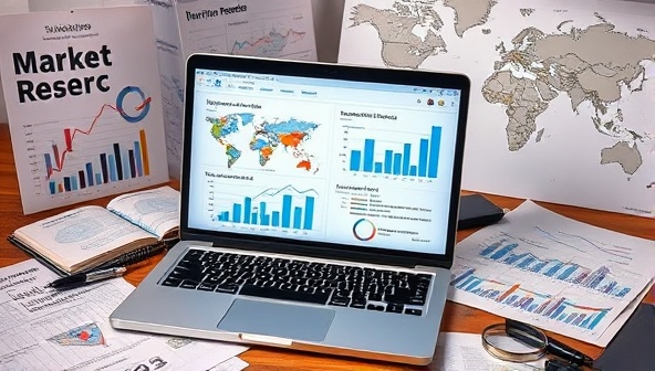 A research-focused workspace with a laptop displaying market analysis charts and graphs, surrounded by industry reports, demographic data, a magnifying glass, and a world map, creating a data-driven and insightful environment for online market research services.