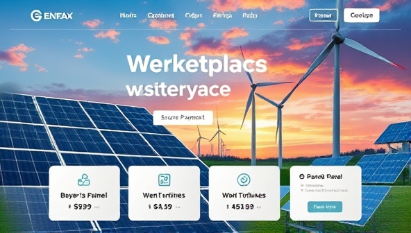 An immersive digital marketplace interface featuring vibrant visuals of solar panels, wind turbines, and water turbines, with a user-friendly navigation menu and secure payment options, creating a seamless experience for buyers and sellers of renewable energy.