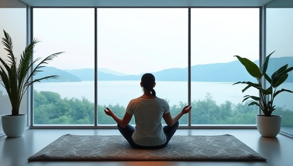 An immersive online mindfulness coaching session setting with a serene digital environment, guided meditation exercises, and a supportive mentor providing mental wellness guidance and relaxation techniques, promoting mindfulness, emotional balance, and self-care in a virtual context.